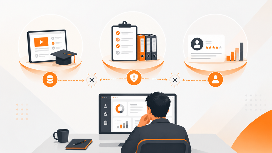 Three disconnected workforce systems for training, compliance, and performance shown with broken links above an HR professional reviewing a unified dashboard