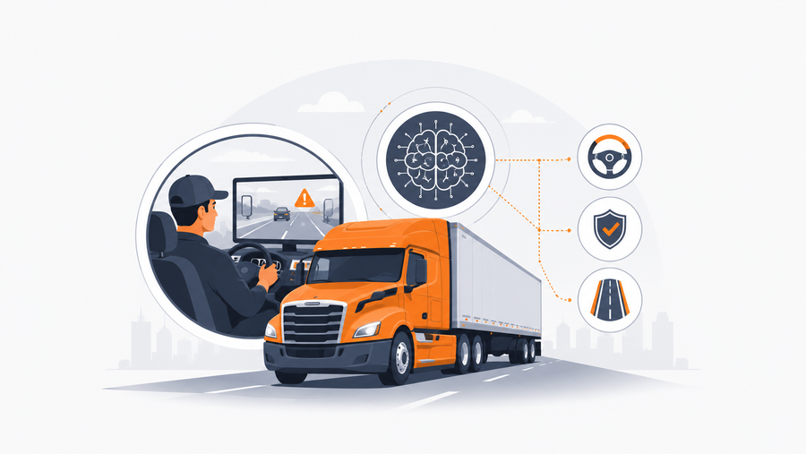 Commercial truck driver receiving AI-powered defensive driving training for commercial drivers based on telematics behavioral data and real-time risk scoring