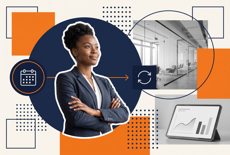 HR manager comparing an annual performance review form to a continuous performance management check-in dashboard