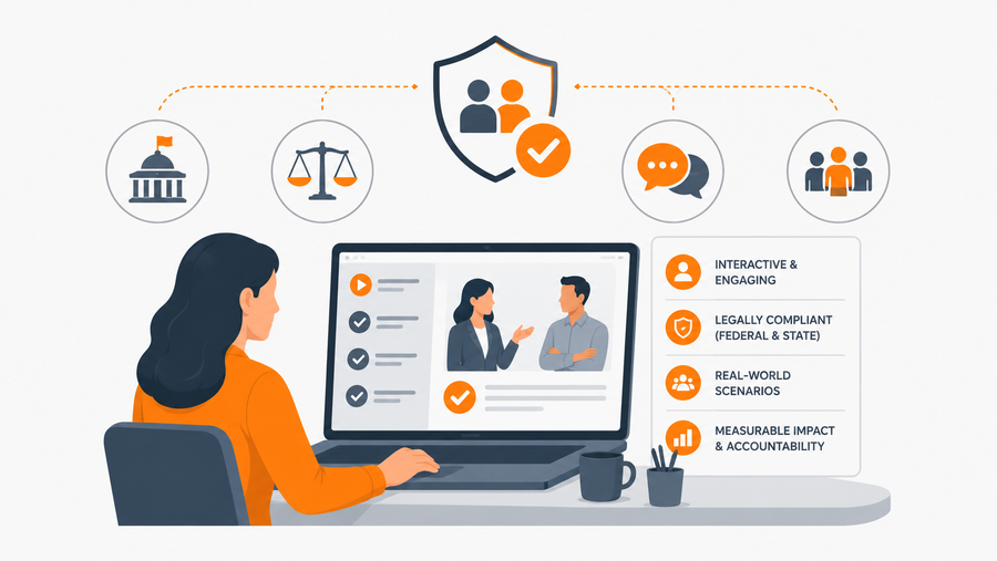 Government HR professional completing federal and state harassment prevention training featuring interactive scenarios, legal compliance, and measurable accountability metrics