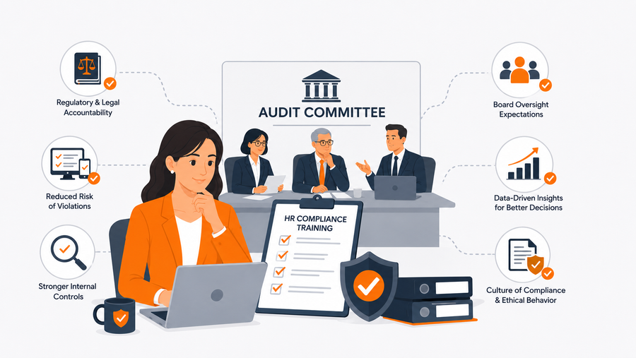 CHRO reviewing HR compliance training on a workforce development platform before presenting to the audit committee