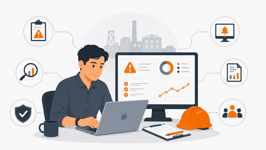 Safety manager reviewing incident management software dashboard showing near-miss reports and CAPA tracking on a manufacturing floor