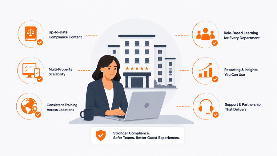 Hotel HR director managing multi-state compliance training courses across properties with role-based learning, up-to-date content, and per-property reporting for audit readiness