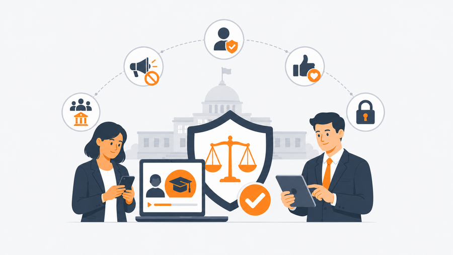 Government employee reviewing ethics training for government employees on social media conduct and Hatch Act guidelines