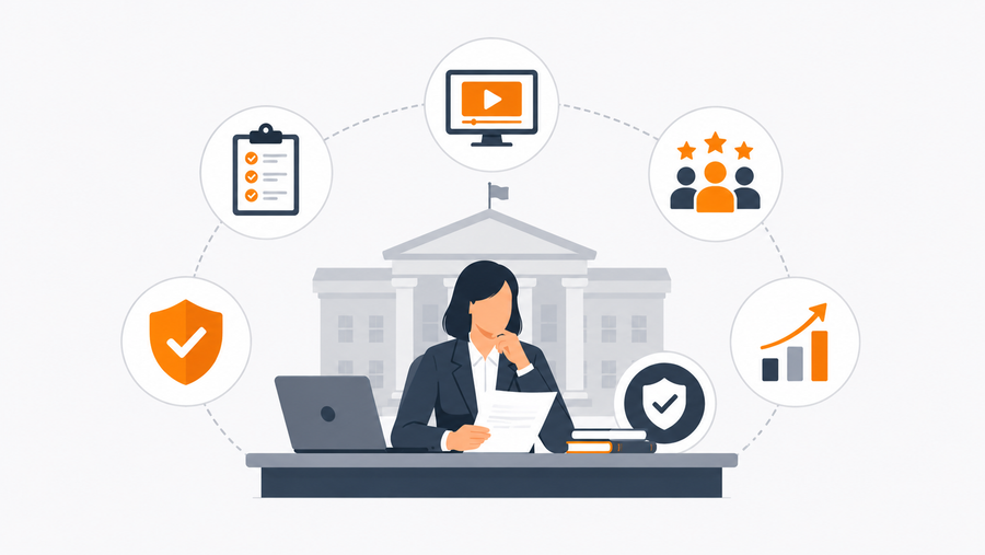 Government compliance officer reviewing a training library renewal checklist covering regulatory coverage, accessibility, and security