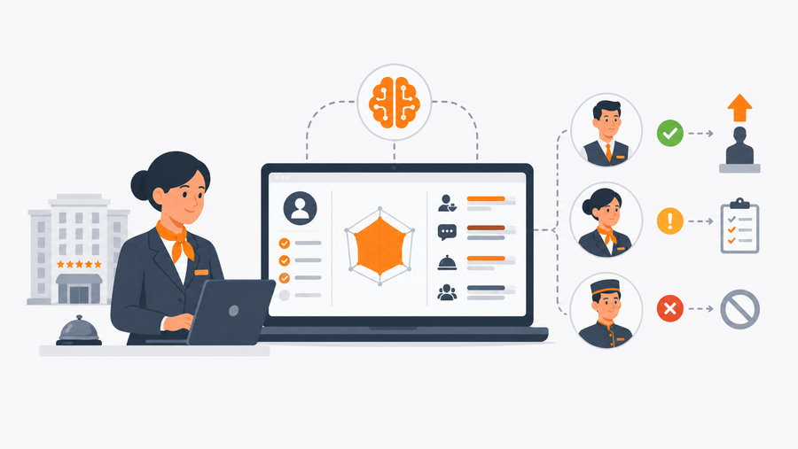 Hotel HR director reviewing AI skill assessment results to identify frontline service competency gaps before a promotion decision
