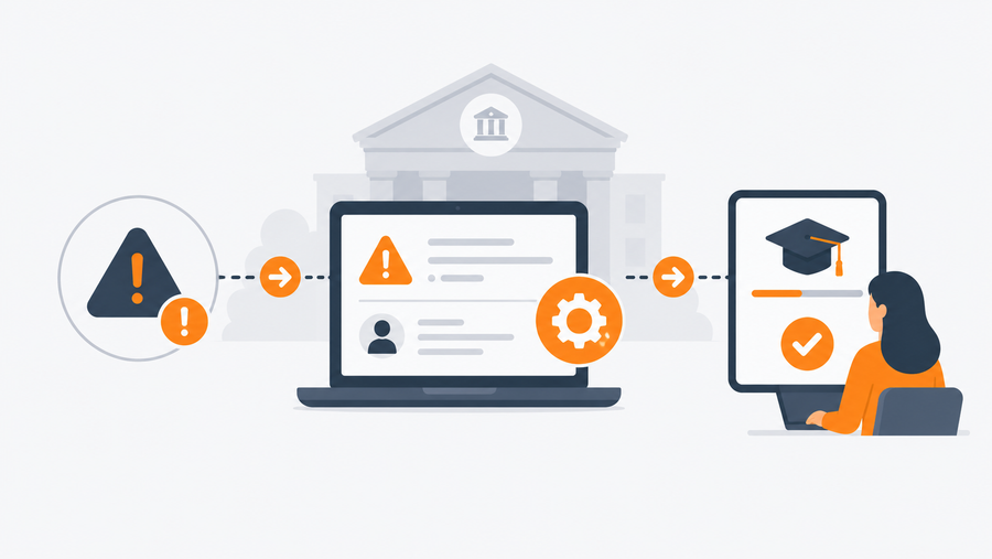 Bank compliance officer reviewing incident management software dashboard linking risk events to training assignments