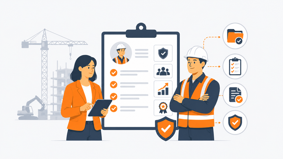 HR manager reviewing a construction foreman's performance record using performance management software on a tablet