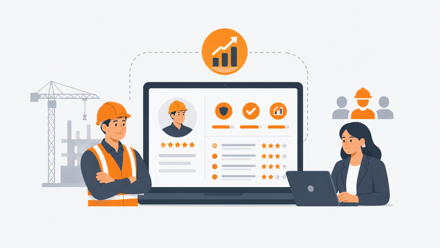 Construction HR manager reviewing foreman performance data and coaching logs in a performance management system dashboard