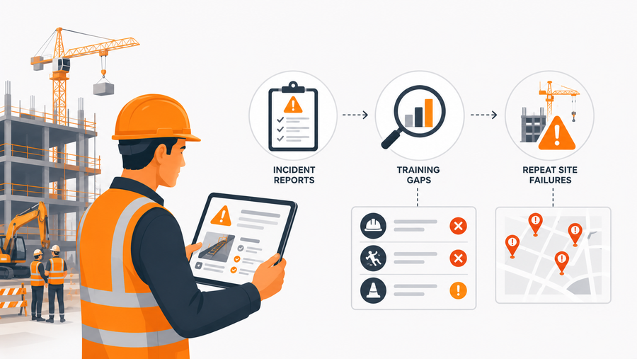 Construction HSE director using incident management software to connect incident reports, training gaps, and repeat site failures