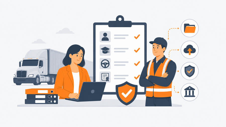 Fleet HR manager verifying a driver's DOT compliance training record with completed checklist items