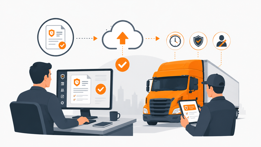 Fleet training manager using policy management software to push hours-of-service policy updates to commercial drivers before dispatch with timestamped acknowledgment records