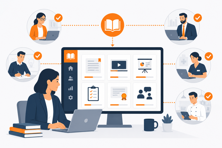 HR director using a workforce development platform to manage a centralized learning library across faculty and staff