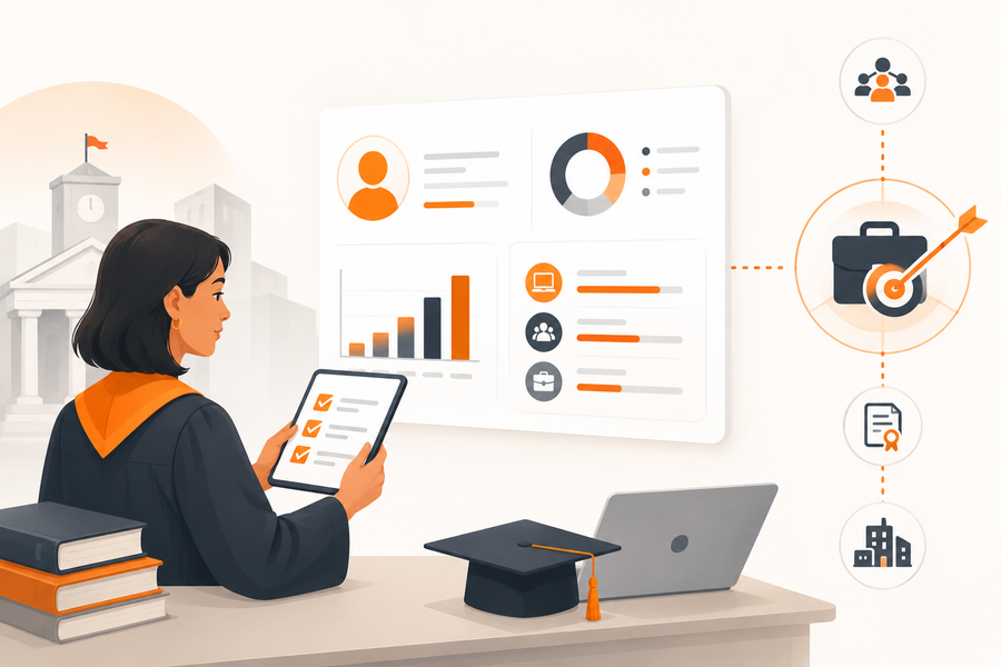 Graduate reviewing skill assessments dashboard with competency scores and career readiness metrics next to a university building