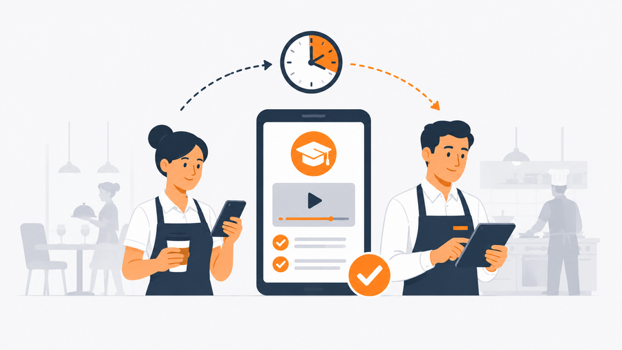 Hospitality frontline employee completing compliance training for employees on a mobile phone during a shift change
