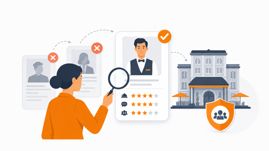 Hospitality HR manager using talent assessment tools to screen and select the right candidate for a hotel front-of-house role