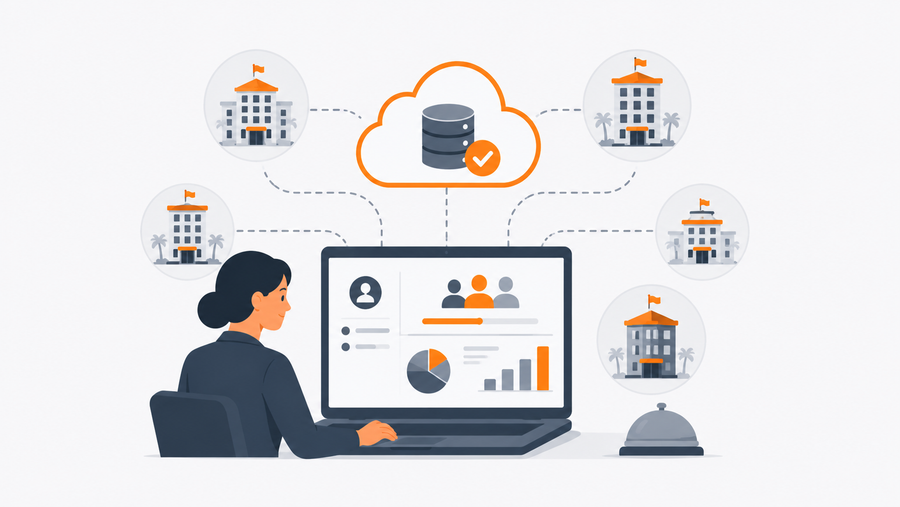 Hotel HR director reviewing brand-level training completion data across owned, managed, and franchised properties on a cloud based LMS dashboard