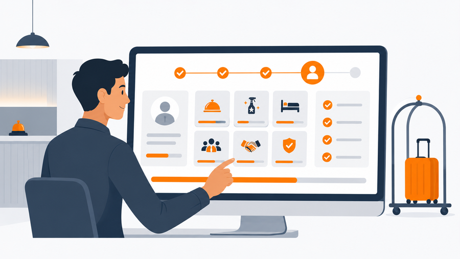 Hotel HR director using new hire onboarding software to track property-specific training progress across hospitality roles including front desk, housekeeping, and food service