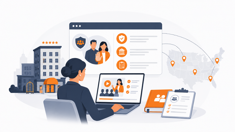 Hotel HR director managing sexual harassment training for hospitality staff across multi-state properties using a centralized compliance training platform with per-property reporting