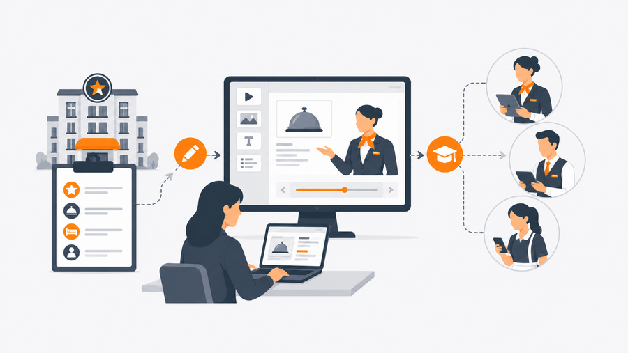 Hotel L&D manager using eLearning authoring tools to convert a brand standards document into a mobile frontline training module