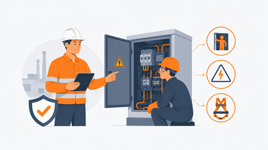 Safety supervisor briefing an electrician on OSHA training before entering an electrical enclosure