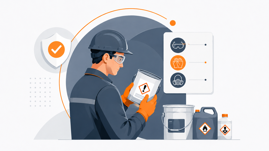 Manufacturing crew member reviewing HazCom training and safety data sheet information before handling paint and adhesive chemicals