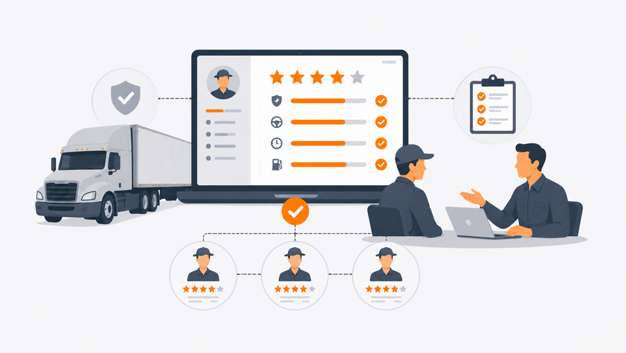 Fleet safety director reviewing AI-generated driver performance records in performance management software