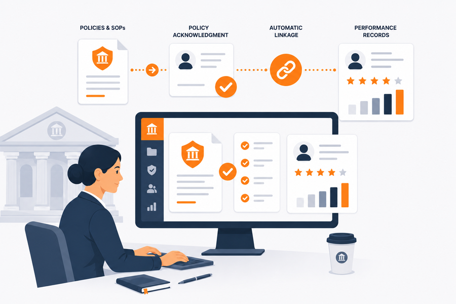 Bank compliance officer using SOP and policy management software to link policy acknowledgments to performance records through an automated workflow