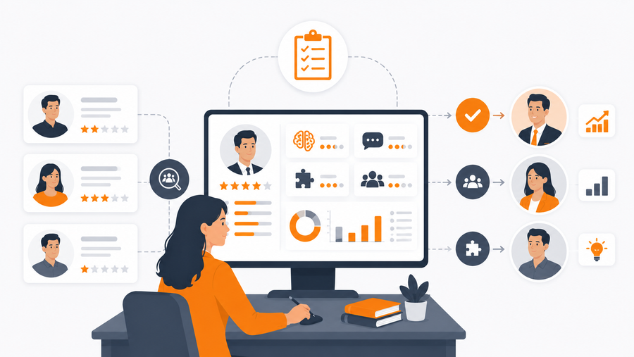 HR professional using talent assessment software to evaluate candidate profiles, skills scores, and job fit data for workforce hiring decisions