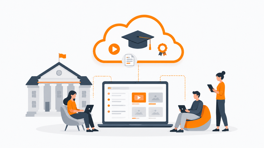 Students and staff across university schools accessing continuing education content on a cloud-based LMS