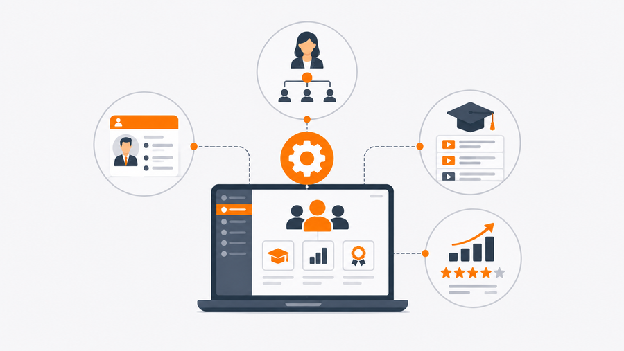IT and HR technology leader reviewing a workforce development platform dashboard connecting HRIS, LMS, and performance data