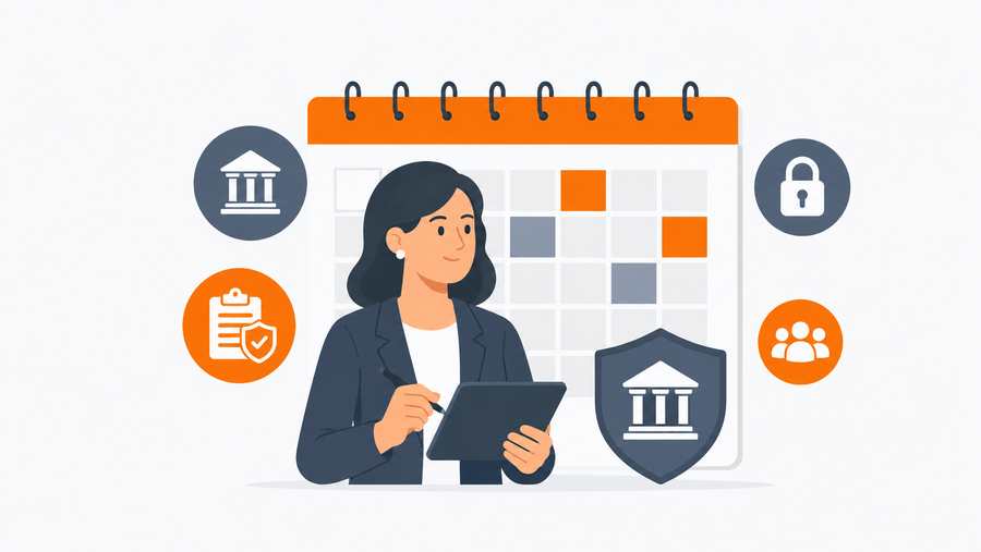 Banking compliance officer reviewing an annual training calendar with icons for bank regulations, security, and compliance training courses