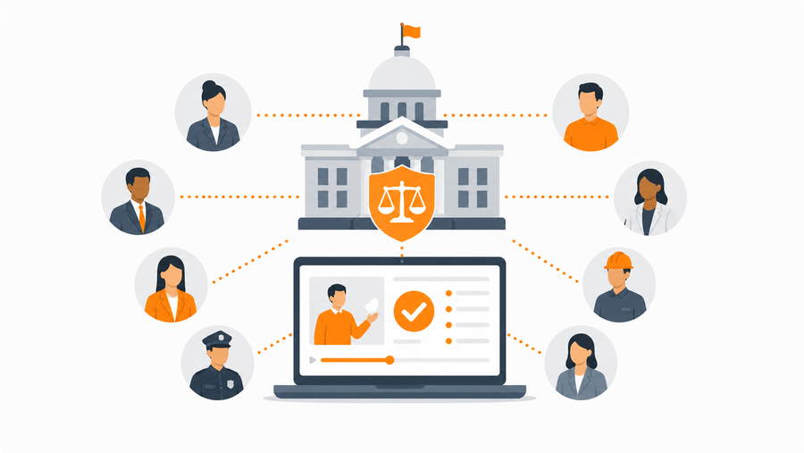 Government building with ethics scale icon connecting to employees across job codes completing training library courses