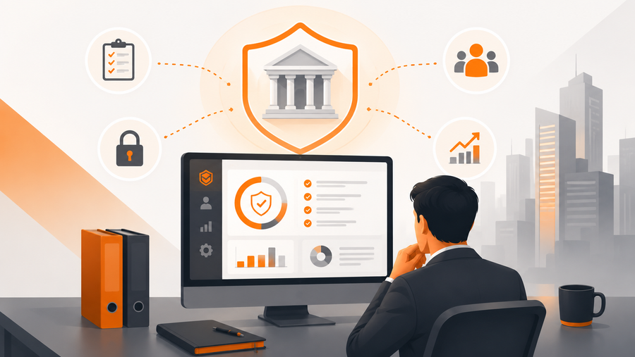 Compliance officer reviewing a cloud-based LMS dashboard with bank building shield icon, audit checklist, and security lock representing banking examination readiness