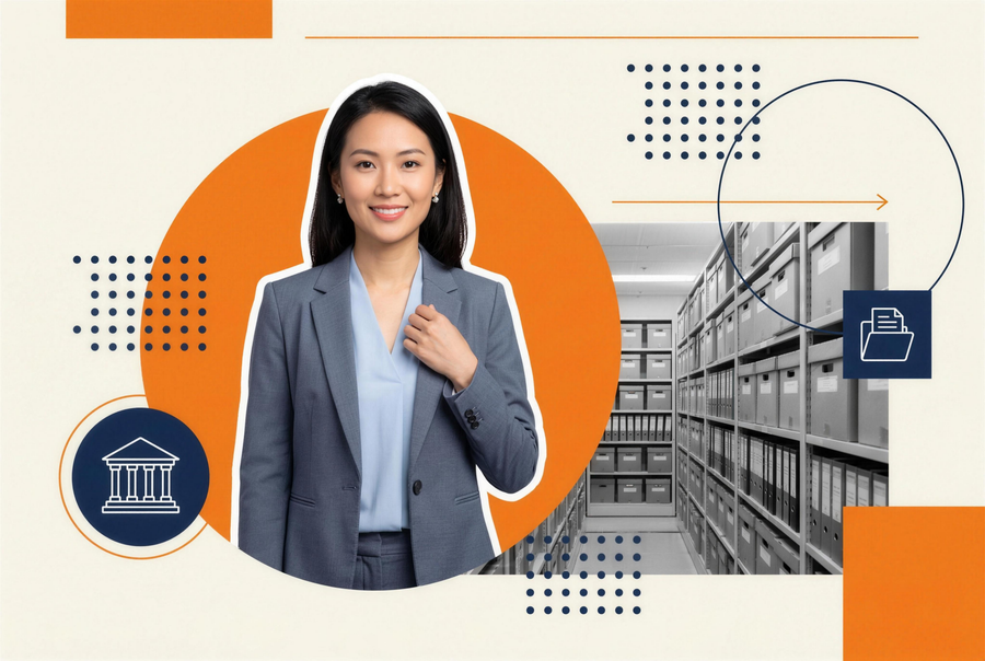 Government training manager reviewing NARA-aligned records management compliance courses in a learning library
