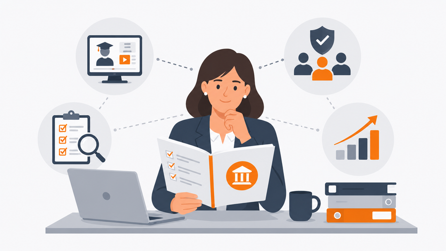 Government HR director reviewing an enterprise LMS buying guide for federal agency procurement covering security compliance, FedRAMP authorization, and audit-ready training records