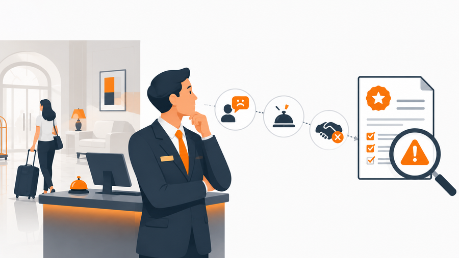 Hotel manager reviewing incident management software records ahead of a brand standard audit