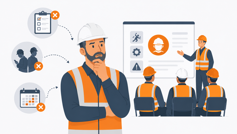 Alt text: "Construction worker rejecting classroom-style OSHA training while a crew sits through a traditional safety lecture