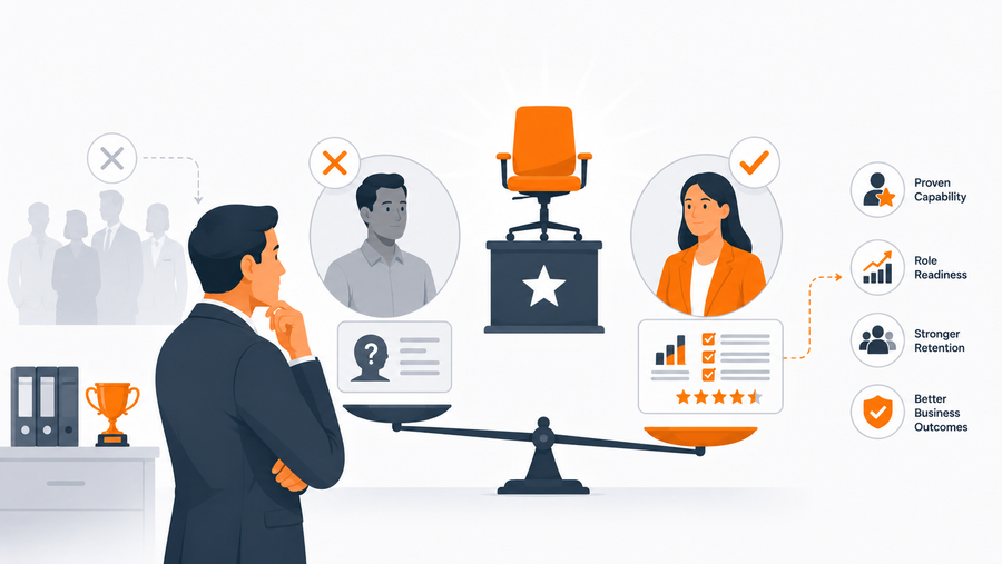 Manager weighing two promotion candidates using talent assessment data on a balance scale for role readiness