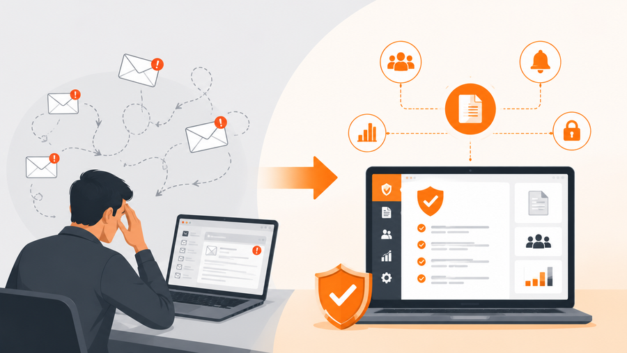 Frustrated employee overwhelmed by scattered email policy updates, next to a centralized policy management software dashboard with acknowledgment tracking, audit trail, and security icons