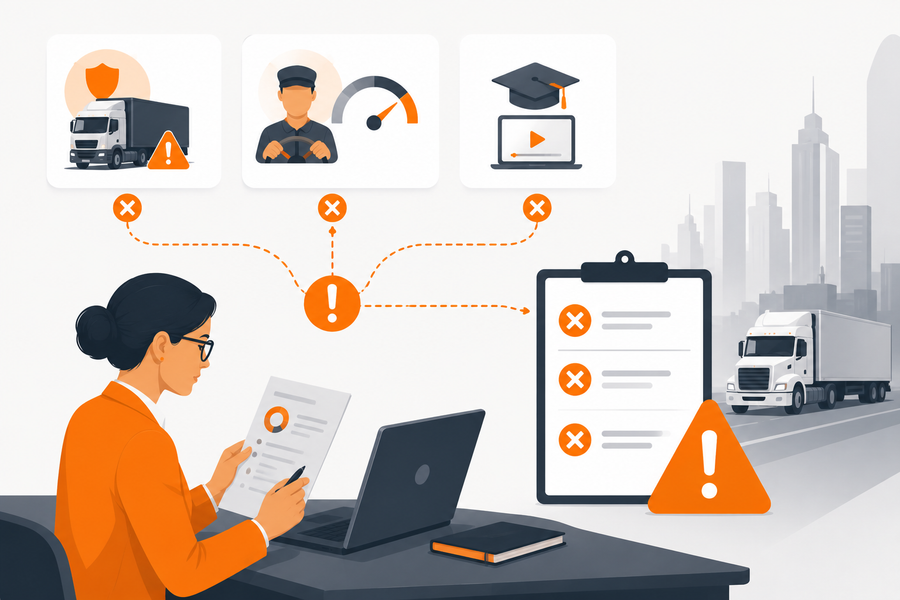 "Fleet compliance officer reviewing disconnected safety, driver performance, and training records with warning icons before an FMCSA audit checklist