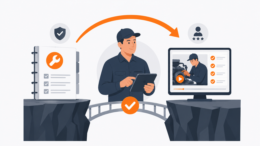 Maintenance training lead converting equipment SOP binder into structured eLearning course using AI course creator tools to close the gap between documentation and technician skill