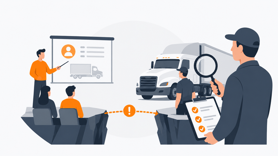FMCSA auditor reviewing DOT compliance training records against driver behavior data showing the gap between classroom instruction and on-road violations