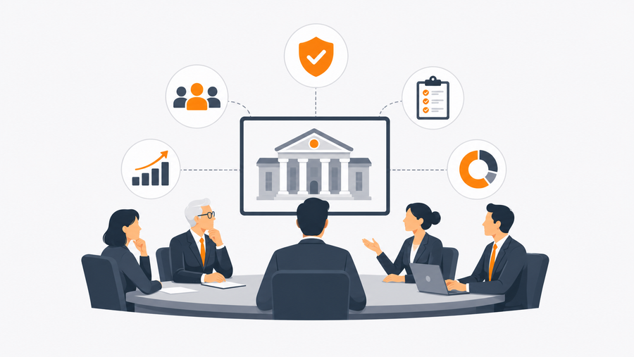 Bank CEO presenting workforce capability evidence from compliance training software to the audit committee