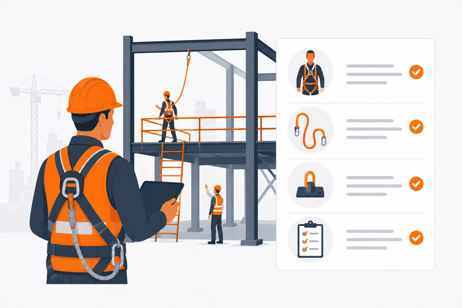 Construction safety supervisor reviewing fall protection training checklist with workers wearing harnesses on elevated steel structure