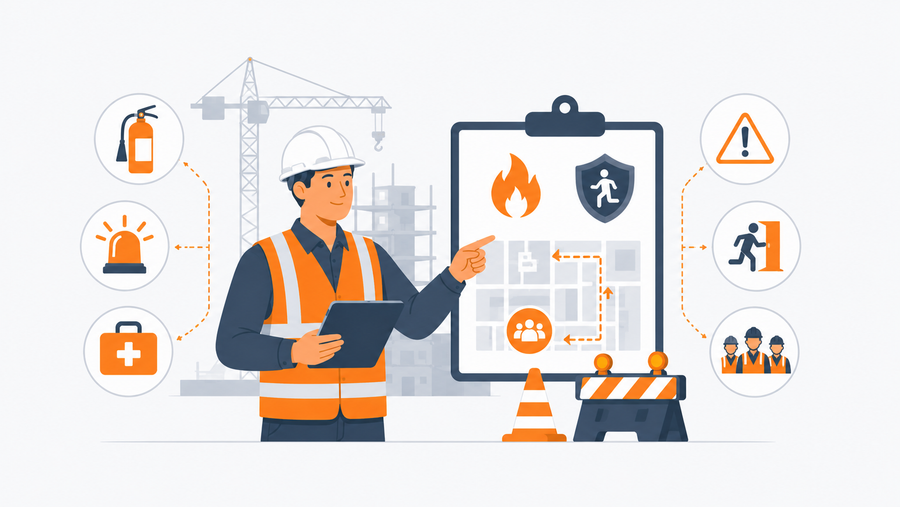 HSE manager reviewing OSHA training on fire prevention and emergency evacuation plans at a construction site