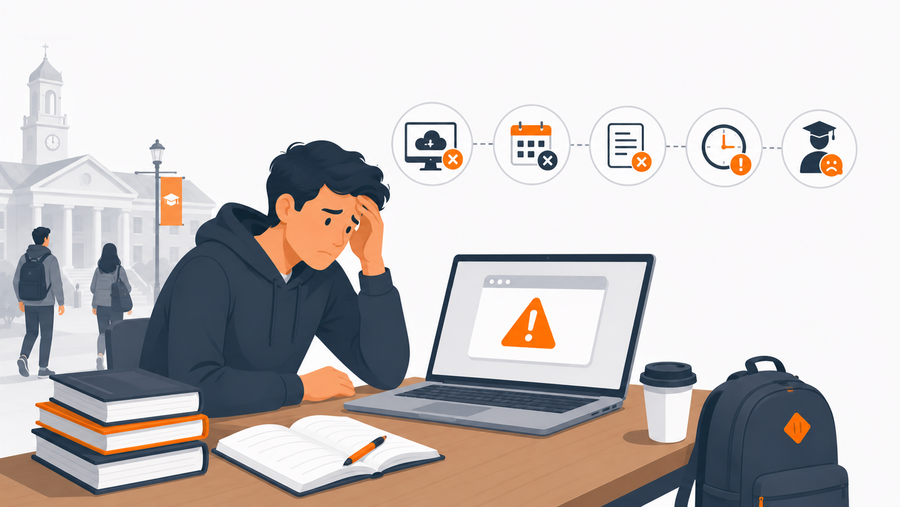 Stressed student facing a cloud based LMS error during finals week with a warning icon on screen