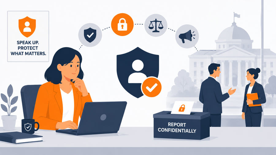 Government employee using a training library to learn whistleblower protections, confidential reporting, and retaliation safeguards