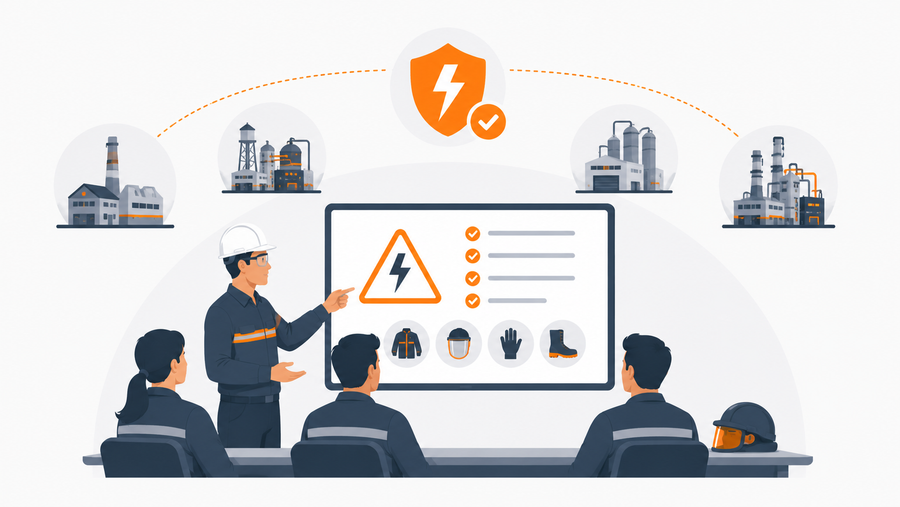 Electrical safety trainer delivering NFPA 70E arc flash training to multi-plant manufacturing workers covering PPE categories, lockout tagout procedures, and qualified person documentation