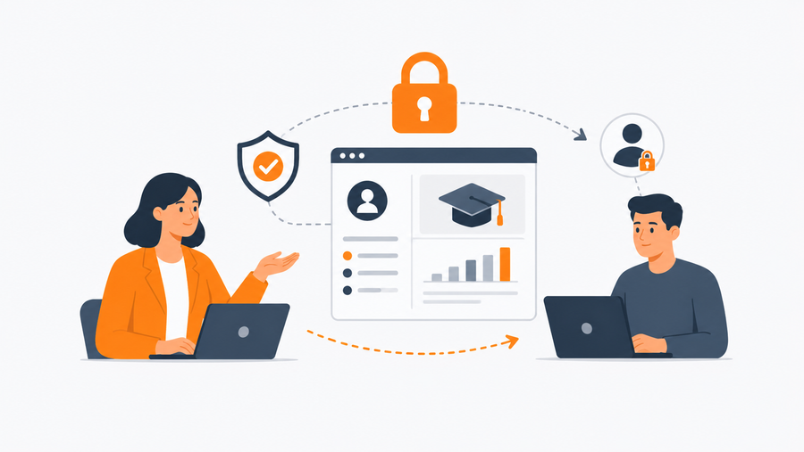 Compliance officer viewing read-only audit access to corporate LMS training records on a dashboard